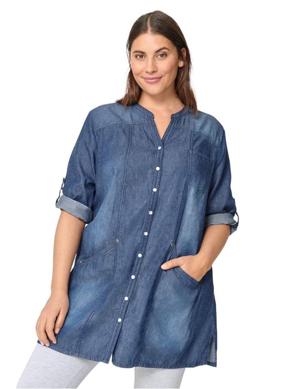 Ellos Plus SizeBlue Denim Chambray Button-Front Roll Tab 3/4 Sleeve Tunic Shirt